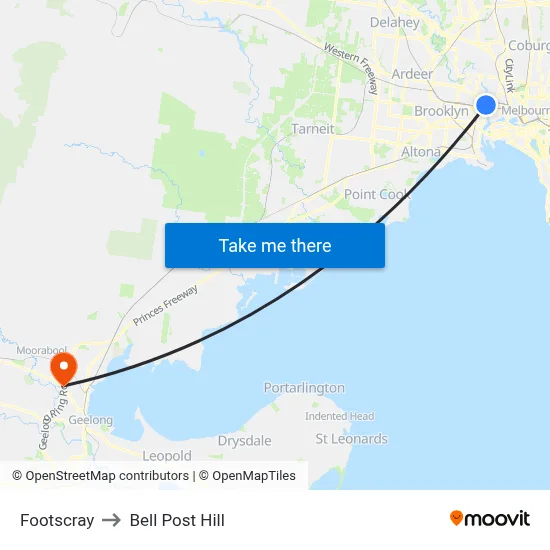 Footscray to Bell Post Hill map