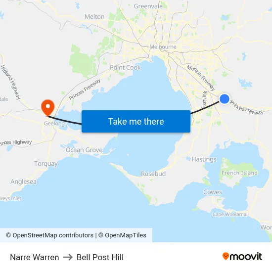 Narre Warren to Bell Post Hill map