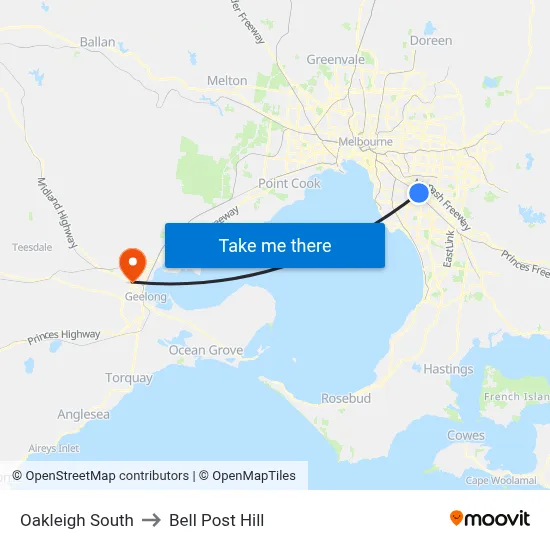 Oakleigh South to Bell Post Hill map