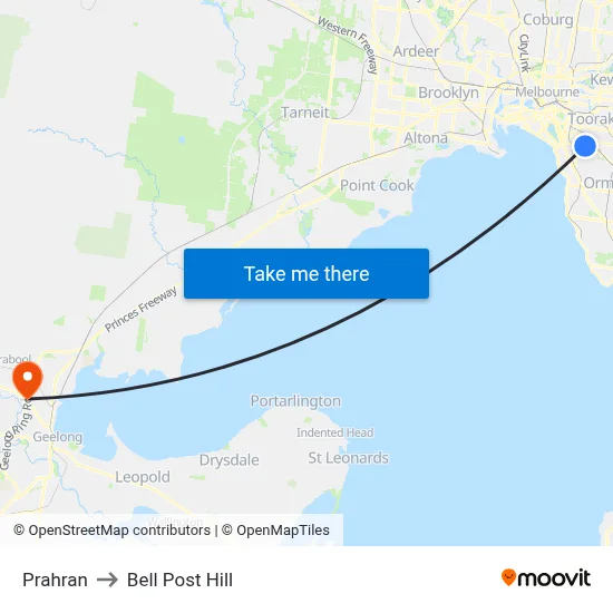 Prahran to Bell Post Hill map