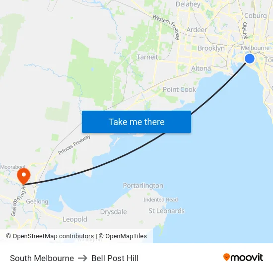 South Melbourne to Bell Post Hill map