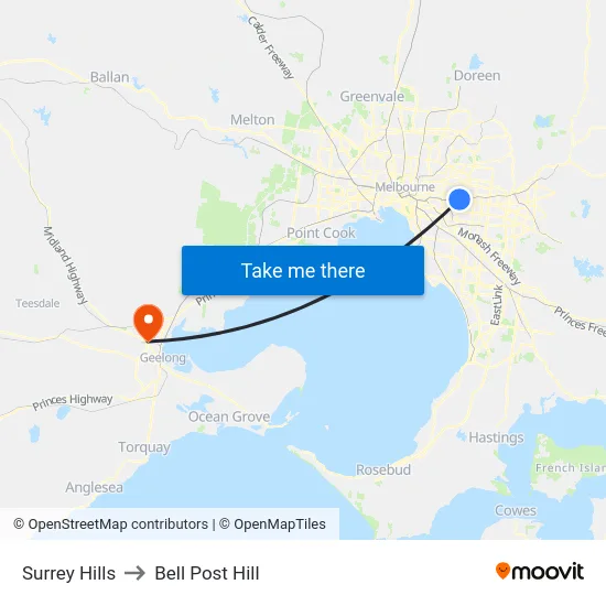 Surrey Hills to Bell Post Hill map