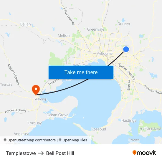 Templestowe to Bell Post Hill map
