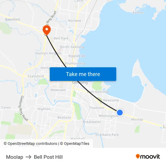 Moolap to Bell Post Hill map