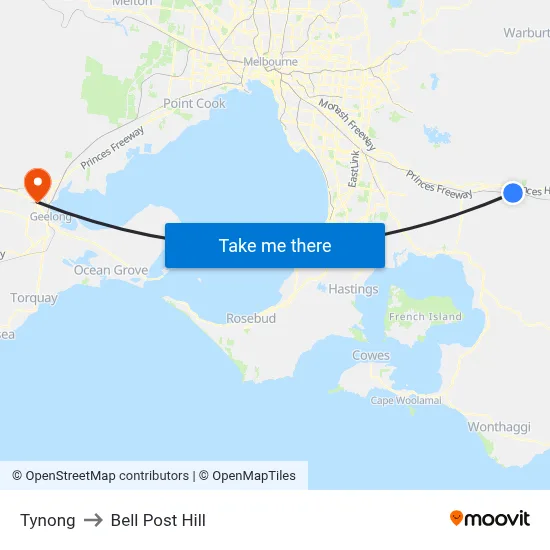 Tynong to Bell Post Hill map