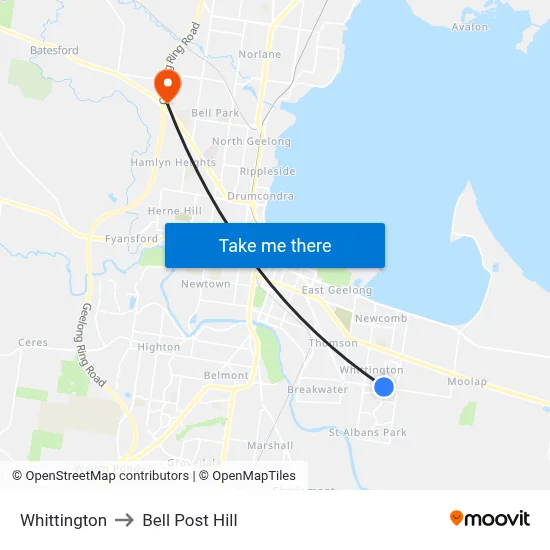 Whittington to Bell Post Hill map