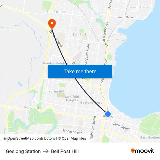 Geelong Station to Bell Post Hill map