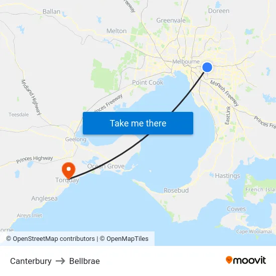 Canterbury to Bellbrae map