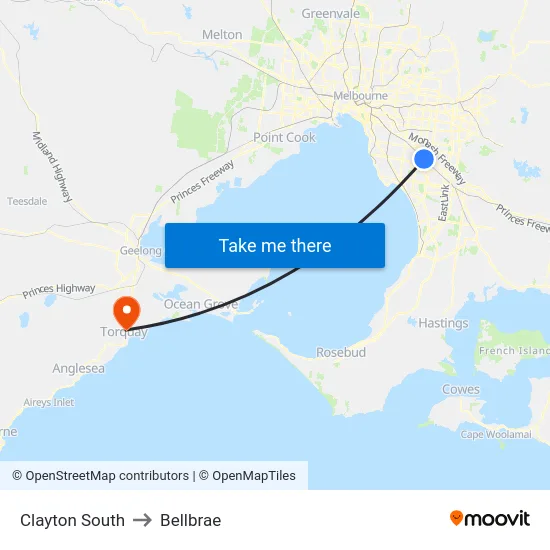 Clayton South to Bellbrae map