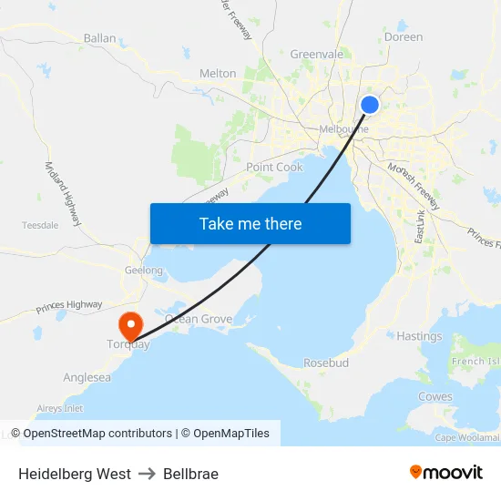 Heidelberg West to Bellbrae map