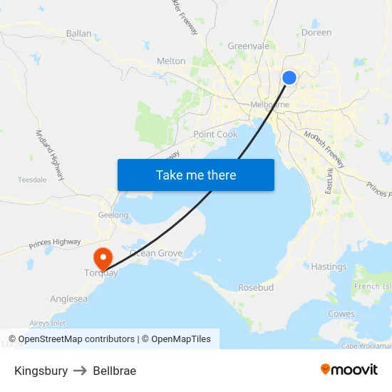 Kingsbury to Bellbrae map