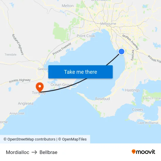 Mordialloc to Bellbrae map