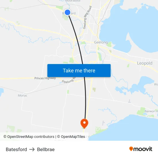 Batesford to Bellbrae map