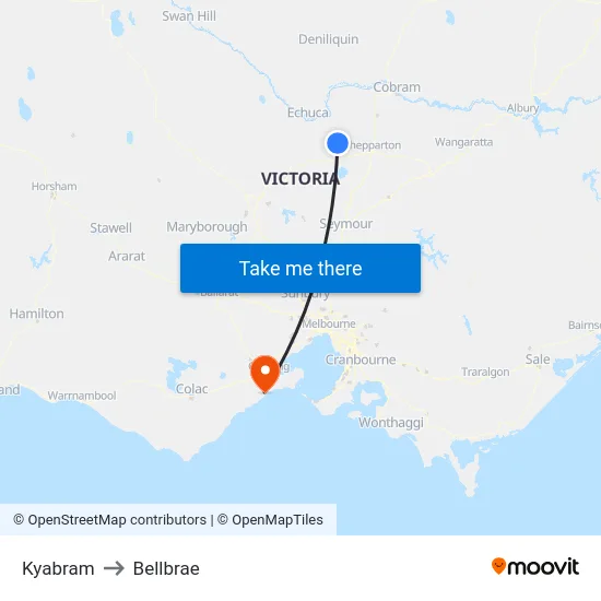 Kyabram to Bellbrae map