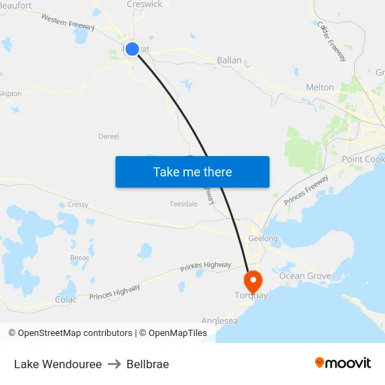 Lake Wendouree to Bellbrae map