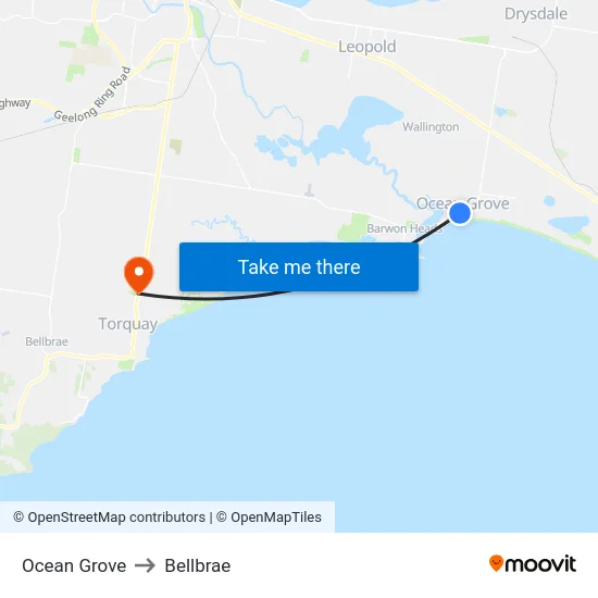 Ocean Grove to Bellbrae map