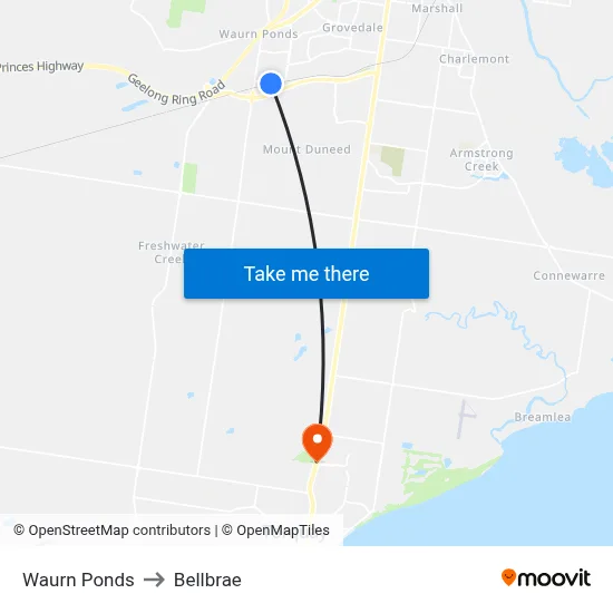 Waurn Ponds to Bellbrae map