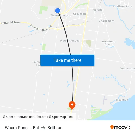 Waurn Ponds - Bal to Bellbrae map