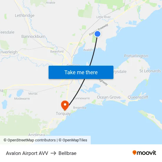 Avalon Airport AVV to Bellbrae map