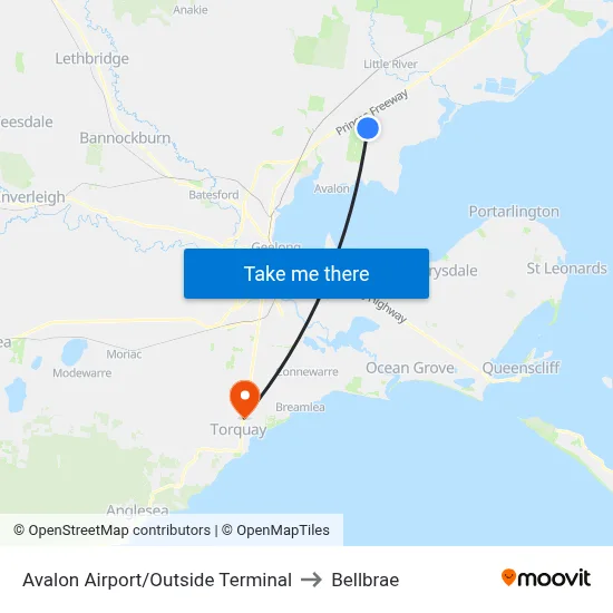 Avalon Airport/Outside Terminal to Bellbrae map