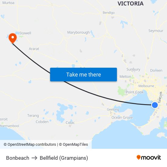 Bonbeach to Bellfield (Grampians) map