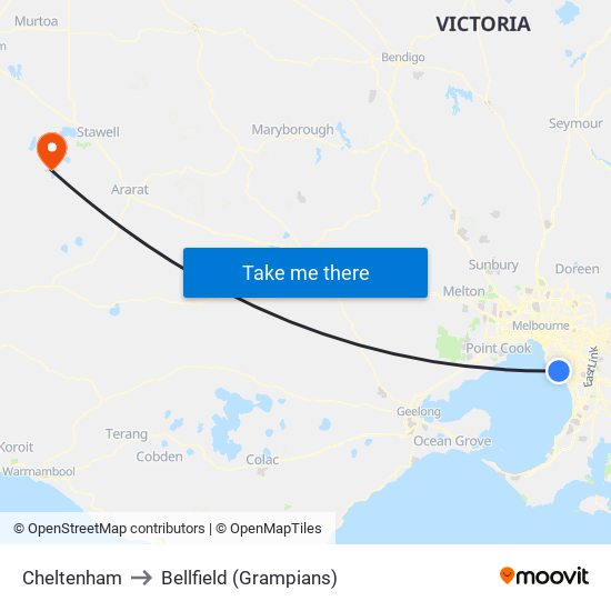 Cheltenham to Bellfield (Grampians) map