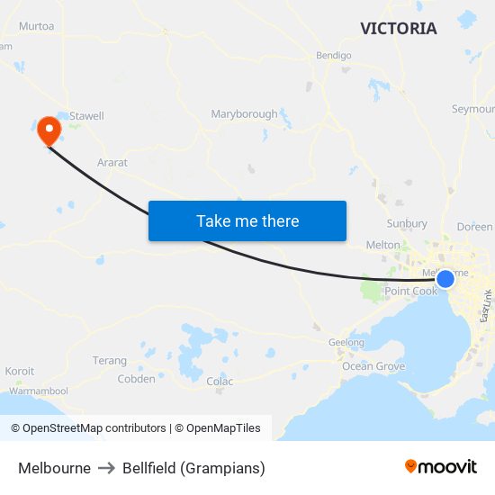 Melbourne to Bellfield (Grampians) map