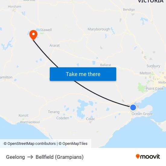 Geelong to Bellfield (Grampians) map