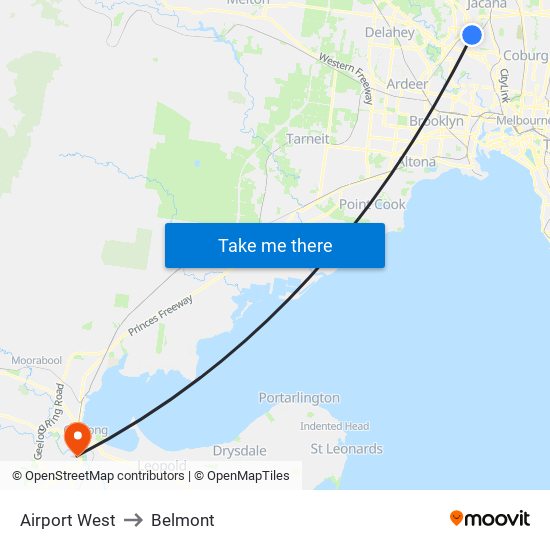 Airport West to Belmont map