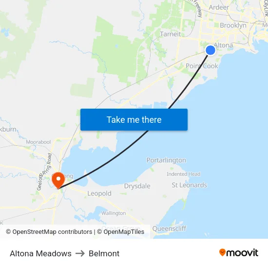 Altona Meadows to Belmont map