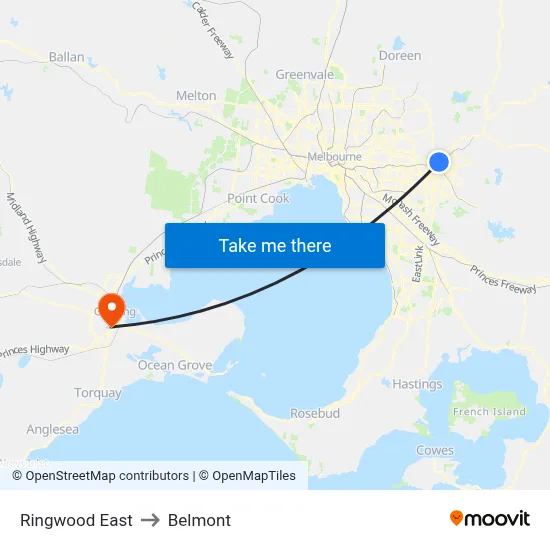 Ringwood East to Belmont map