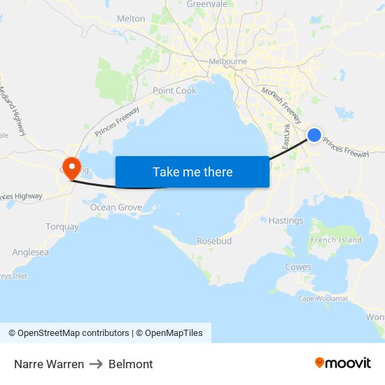 Narre Warren to Belmont map