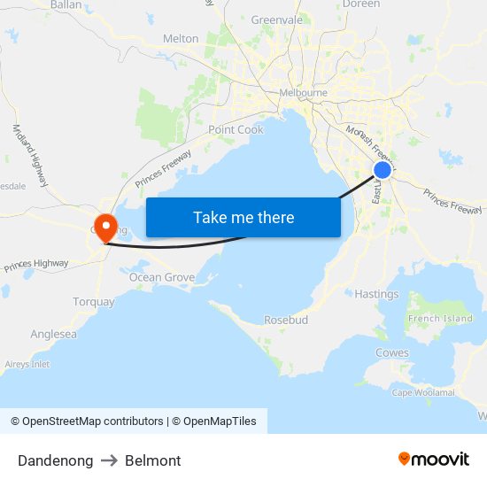 Dandenong to Belmont map