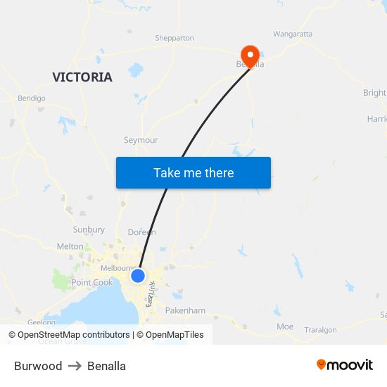 Burwood to Benalla map