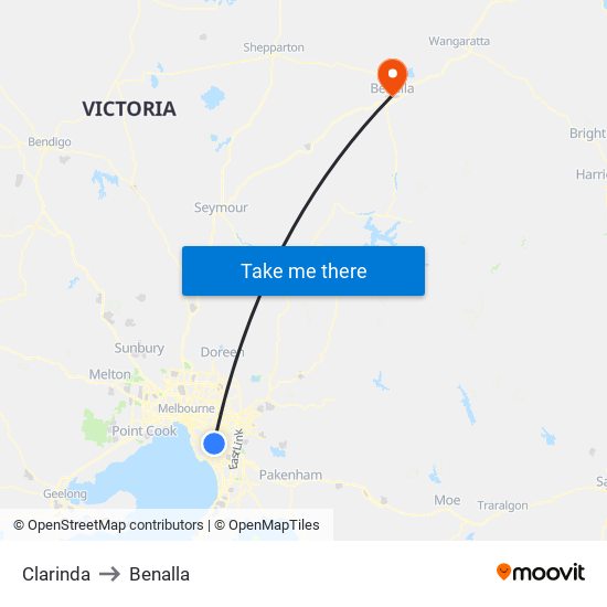 Clarinda to Benalla map