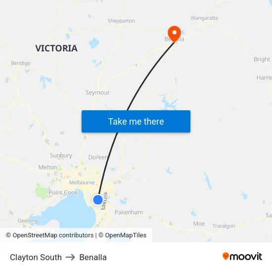 Clayton South to Benalla map
