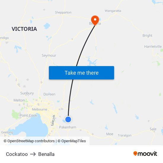 Cockatoo to Benalla map