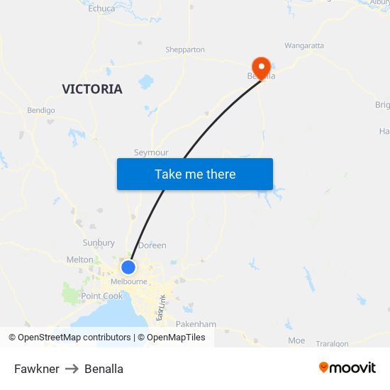 Fawkner to Benalla map