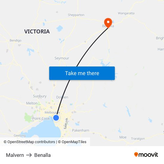 Malvern to Benalla map