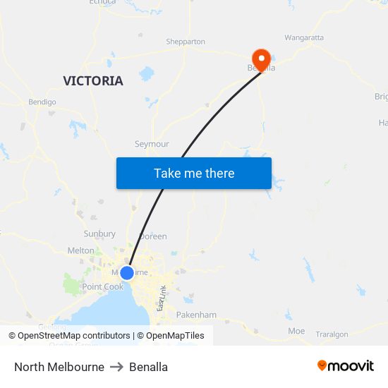 North Melbourne to Benalla map