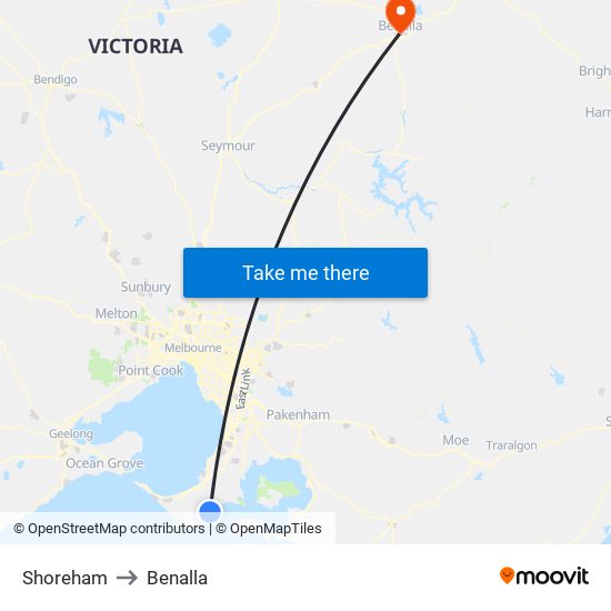 Shoreham to Benalla map