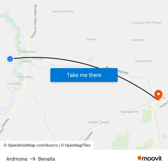 Ardmona to Benalla map