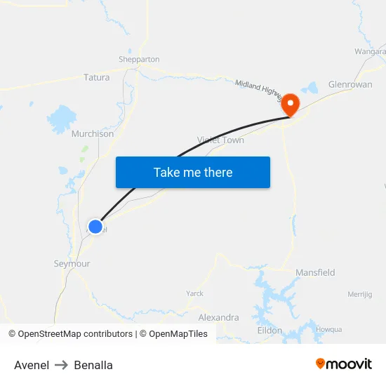 Avenel to Benalla map