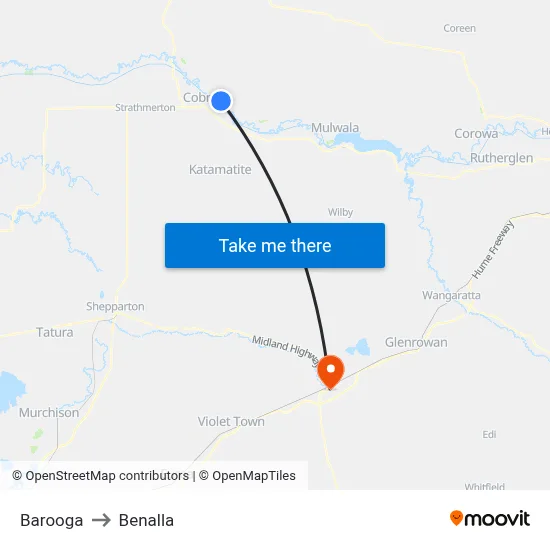 Barooga to Benalla map