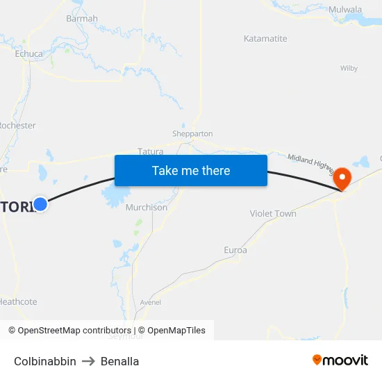 Colbinabbin to Benalla map