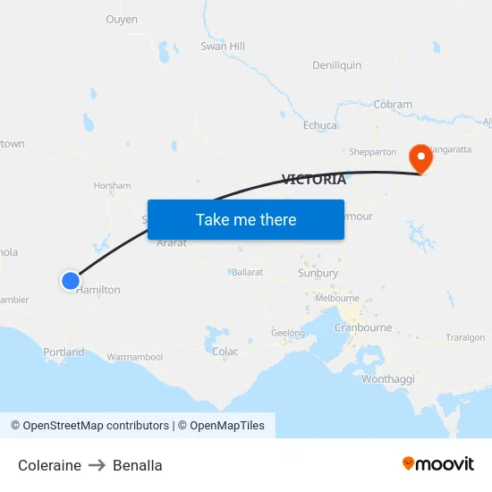 Coleraine to Benalla map