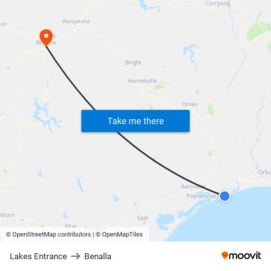 Lakes Entrance to Benalla map