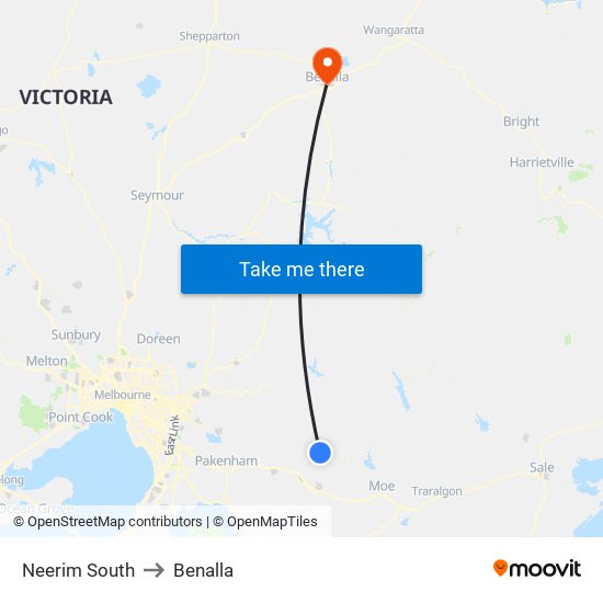 Neerim South to Benalla map