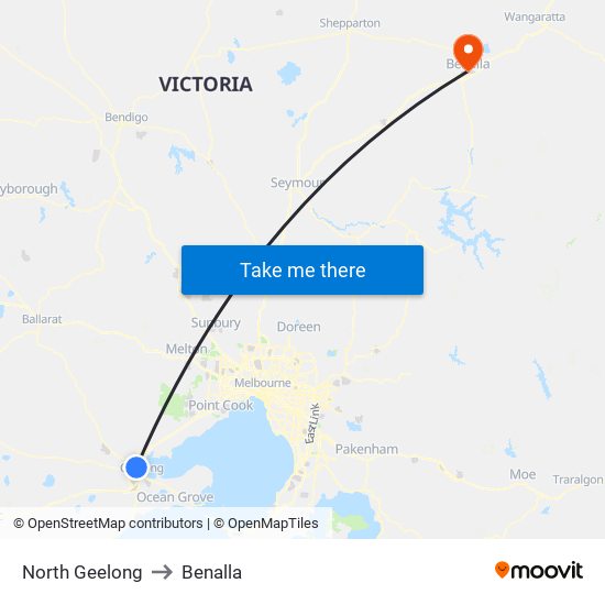 North Geelong to Benalla map