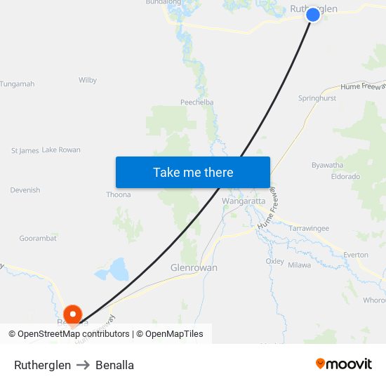 Rutherglen to Benalla map